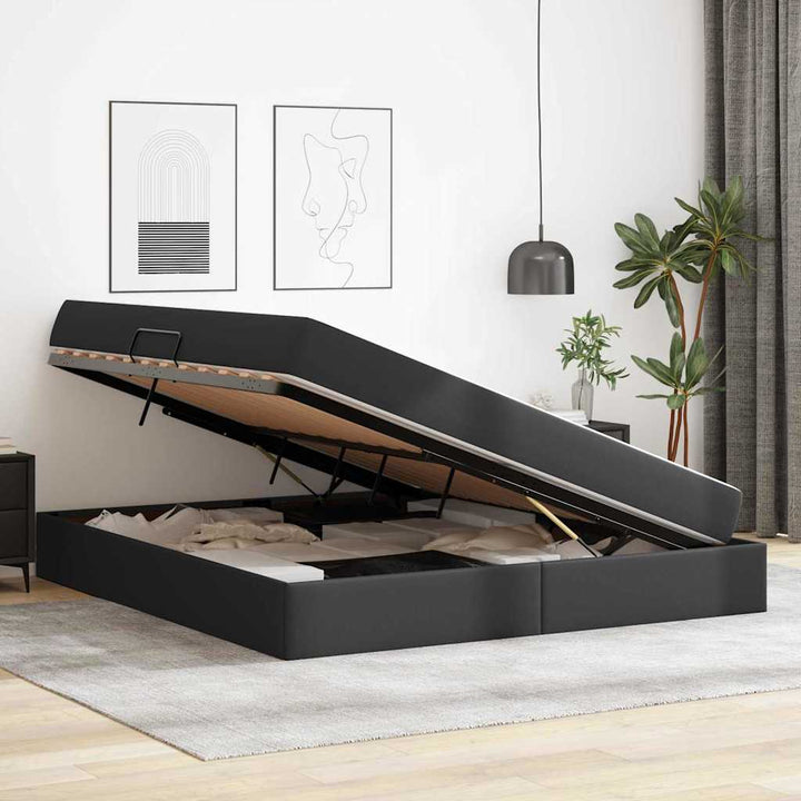 Seng med opbevaring og madras med opbevaring 2 stk. Sort Læder