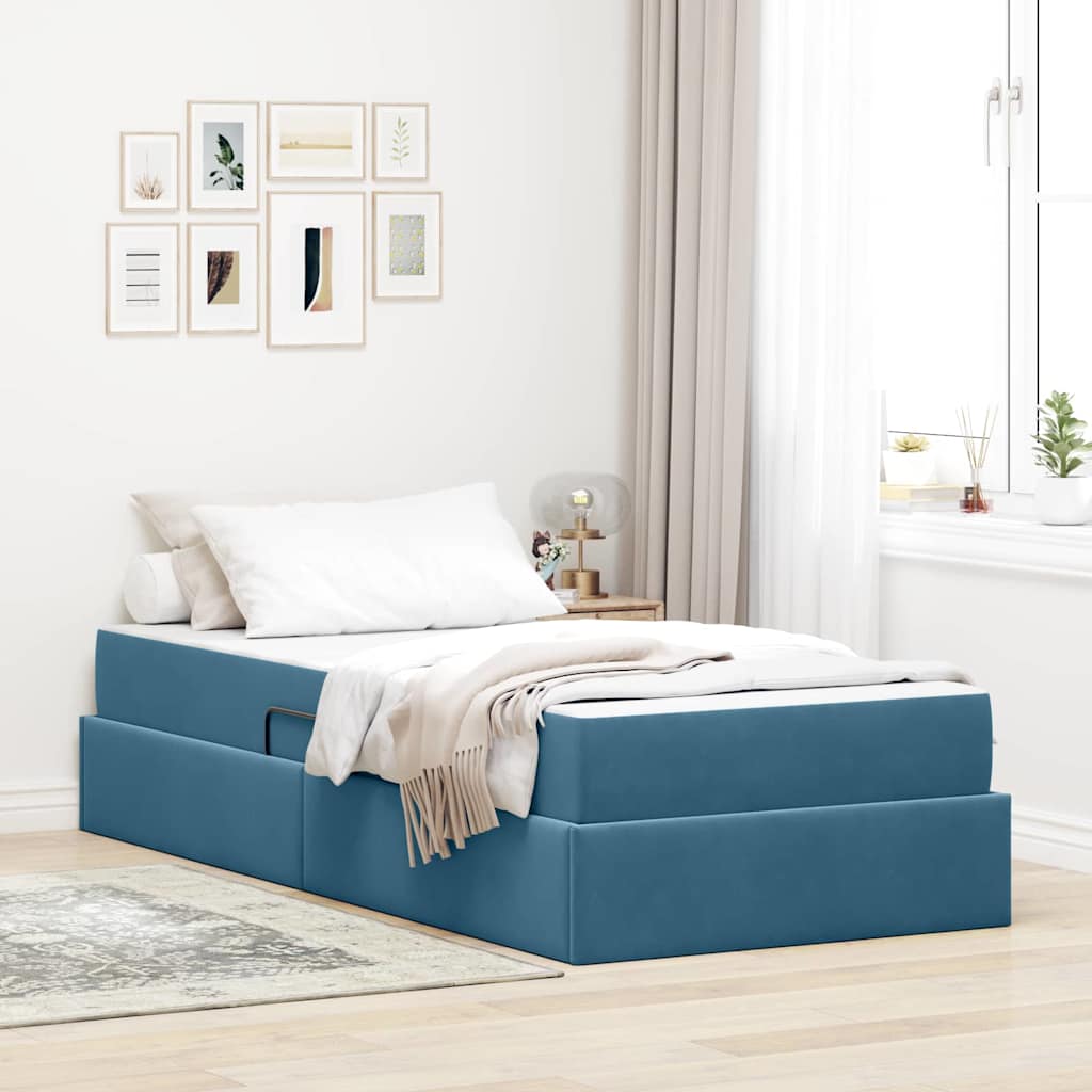 Seng med opbevaring og madras Mørk blå 90 x 200 cm Fløjl