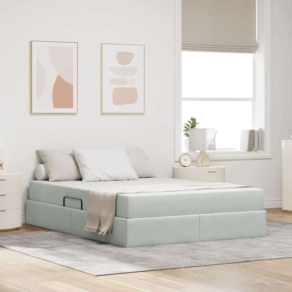 Seng med opbevaring og madras Lysegrå 140 x 190 cm Fløjl