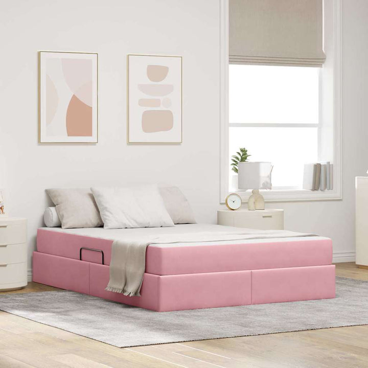 Seng med opbevaring og madras Lyserød 140 x 200 cm Fløjl
