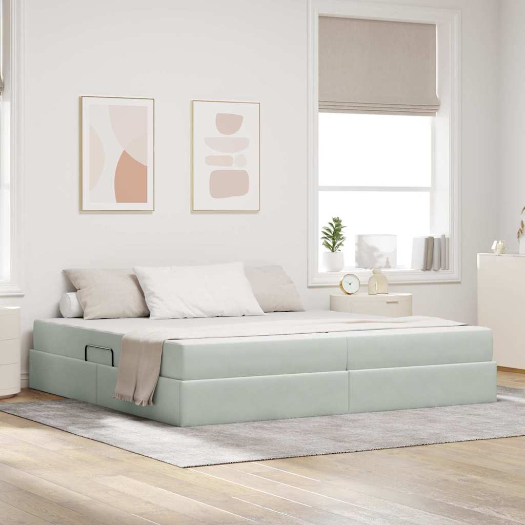 Seng med opbevaring og madras Lysegrå 200 x 200 cm Fløjl