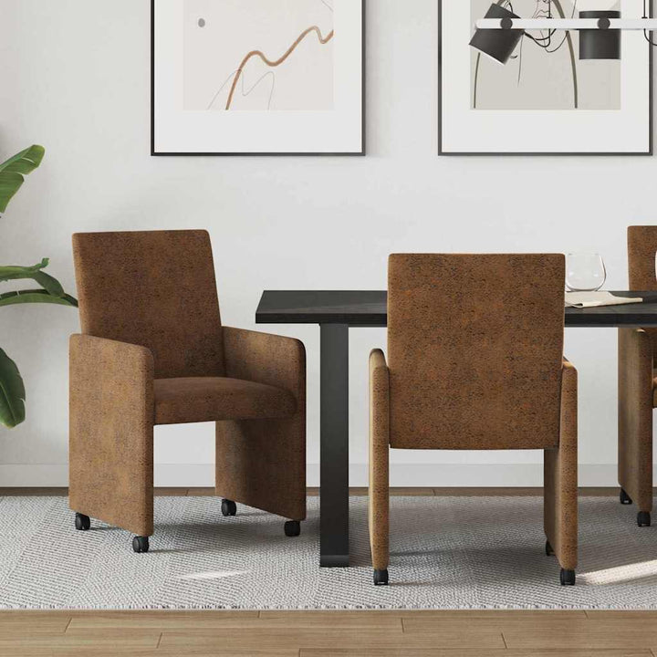 Spisebordsstole med hjul 2 stk. Faux suede læder Brun