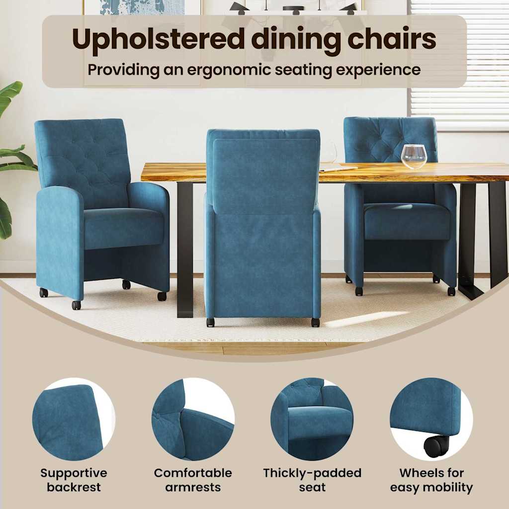 Spisebordsstole med hjul 2 pcs Blå 58 x 67 x 97 cm Fløjl