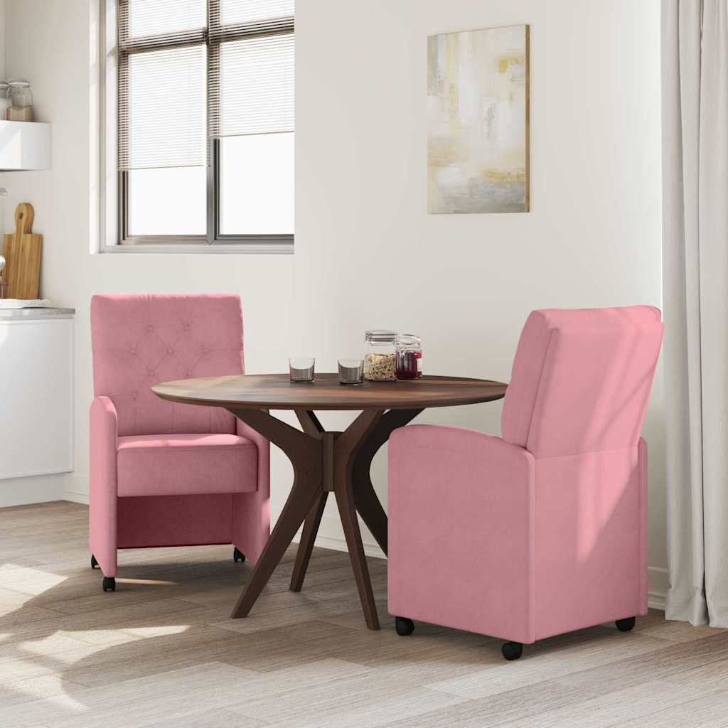 Spisebordsstole med hjul 2 stk. Fløjl Lyserød 58 x 67 x 97 cm