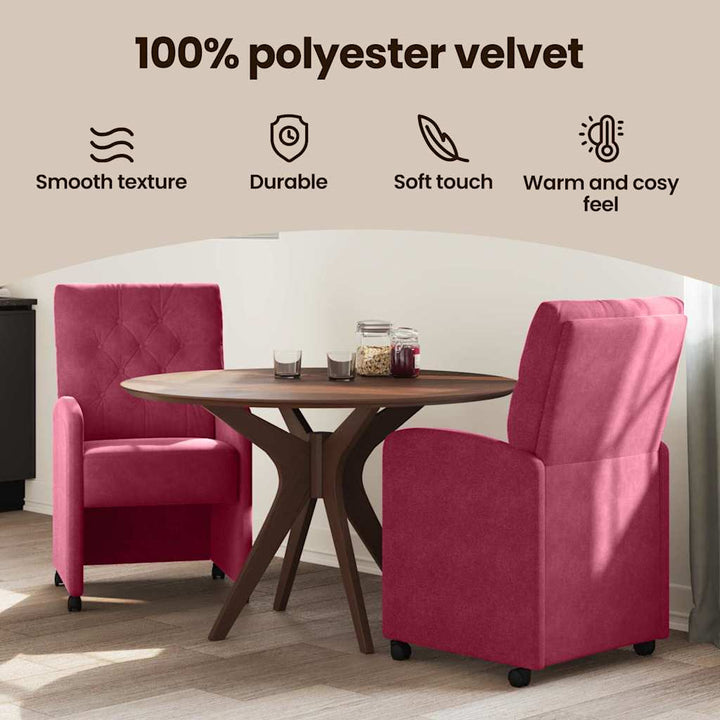 Spisebordsstole med hjul 2 pcs Vinrød 58 x 67 x 97 cm Fløjl