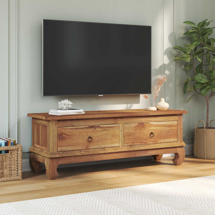 TV-bord med skuffe Naturfarvet 110 x 35 x 40 cm Massiv Teaktræ