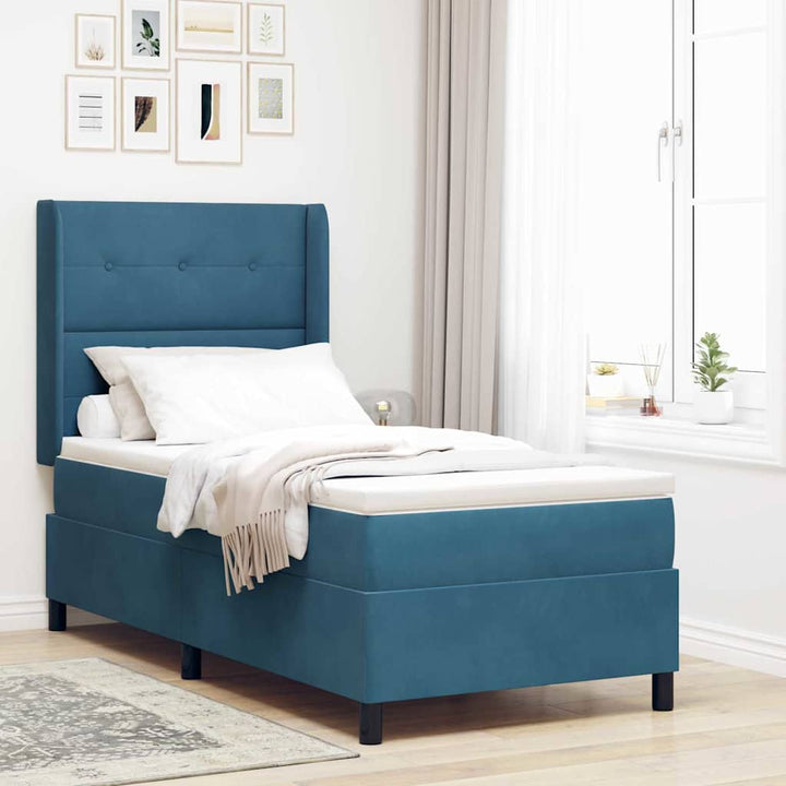Box spring seng med madras med hovedgærde Blå 90 x 190 cm Fløjl