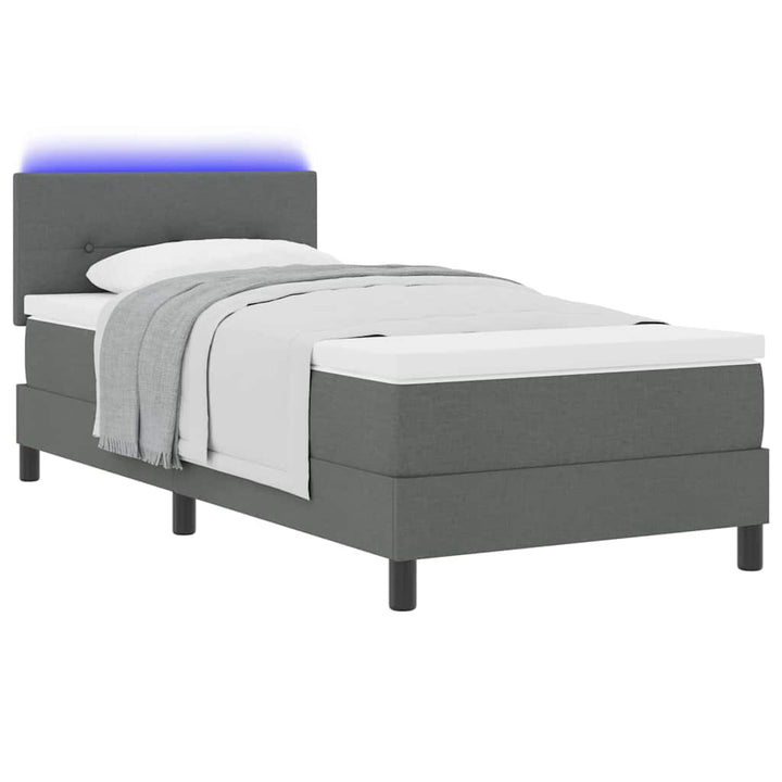 Box spring seng med LED-lysstrimler Mørkegrå 100 x 200 cm Stof