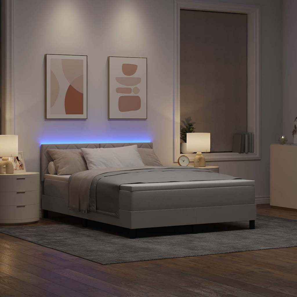 Box spring seng med LED-lysstrimler Gråbrun 140 x 200 cm Stof