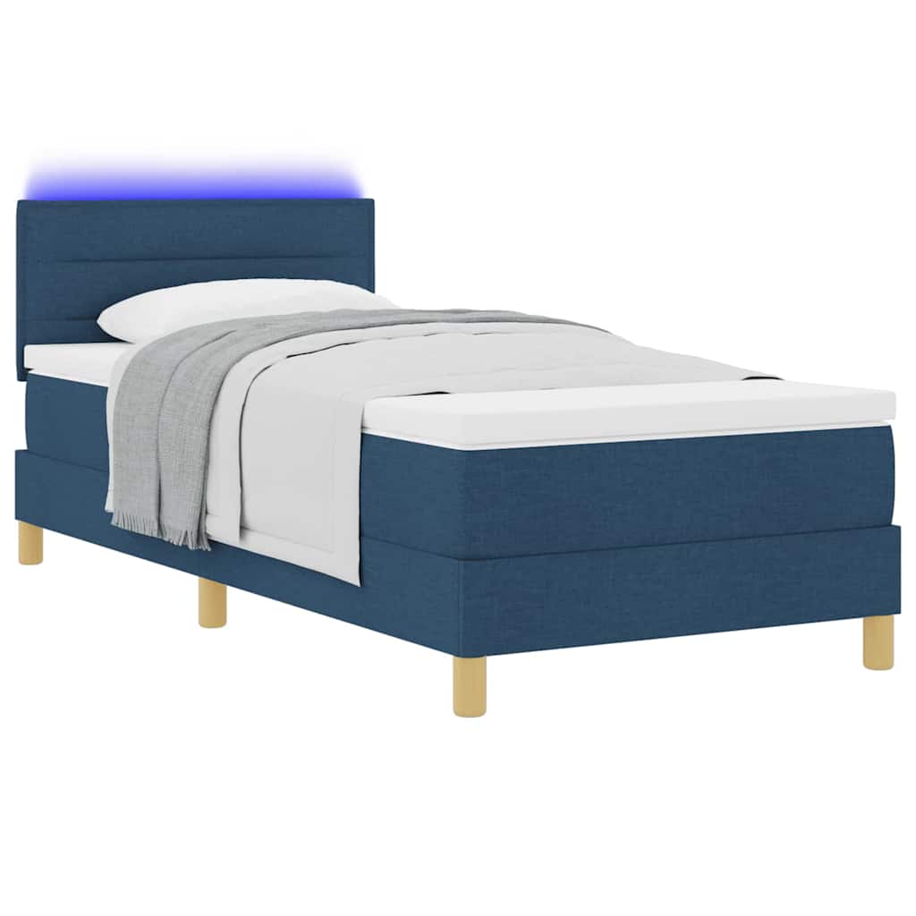 LED Box Spring Bed med LED-lysstrimler Blå 90 x 190 cm Stof