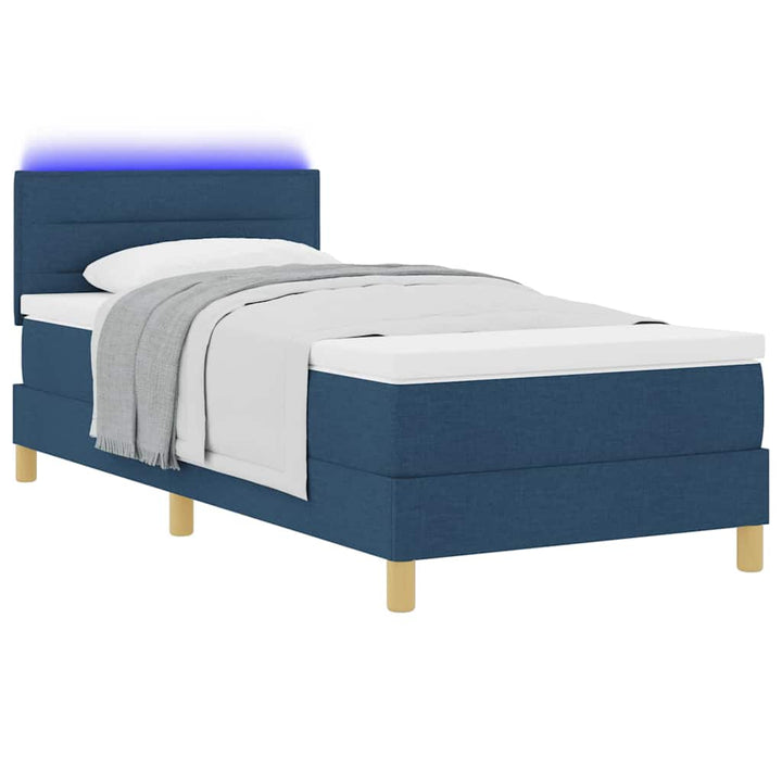 LED Box Spring Bed med LED-lysstrimler Blå 90 x 190 cm Stof