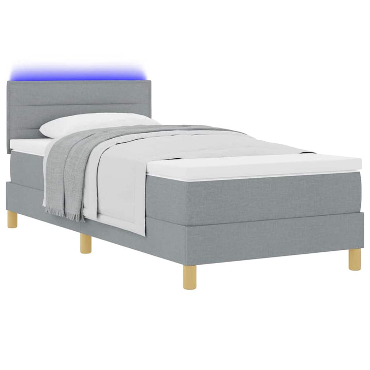 LED Box Spring Bed med LED-lysstrimler Lysegrå 90 x 200 cm Stof