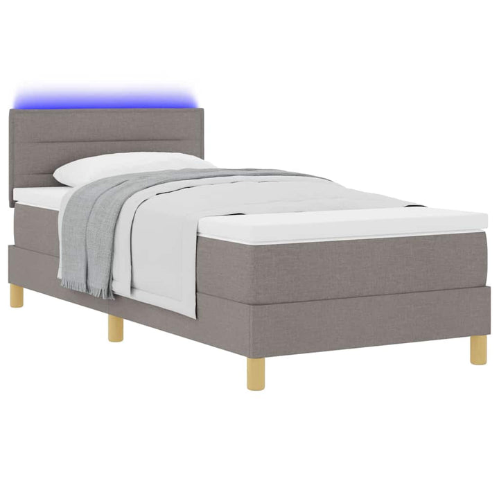 LED Box Spring Bed med LED-lysstrimler Gråbrun 90 x 200 cm Stof
