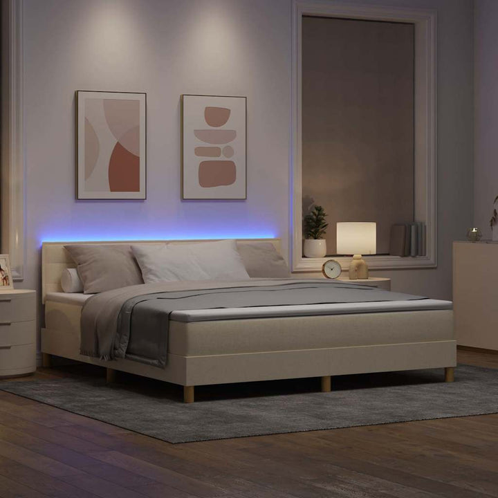 LED Box Spring Bed med LED-lysstrimler Creme 180 x 200 cm Stof