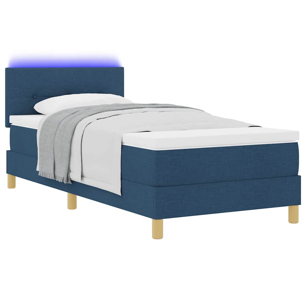 LED Box Spring Bed med LED-lysstrimler Blå 90 x 190 cm Stof
