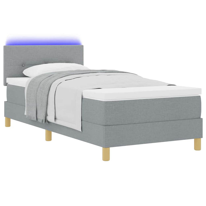 LED Box Spring Bed med LED-lysstrimler Lysegrå 90 x 200 cm Stof