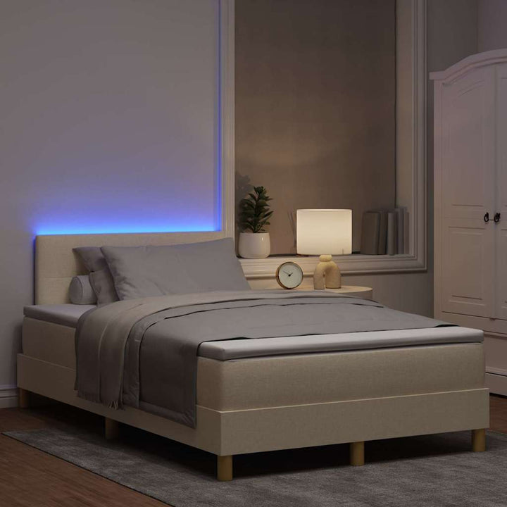 LED Box Spring Bed med LED-lysstrimler Creme 120 x 190 cm Stof