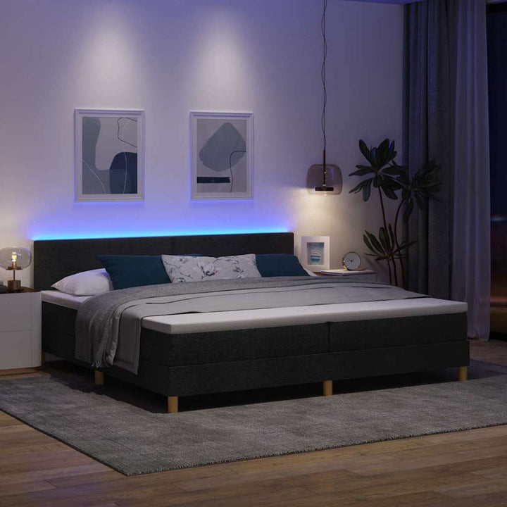 LED Box Spring Bed med LED-lysstrimler Sort 200 x 200 cm Stof