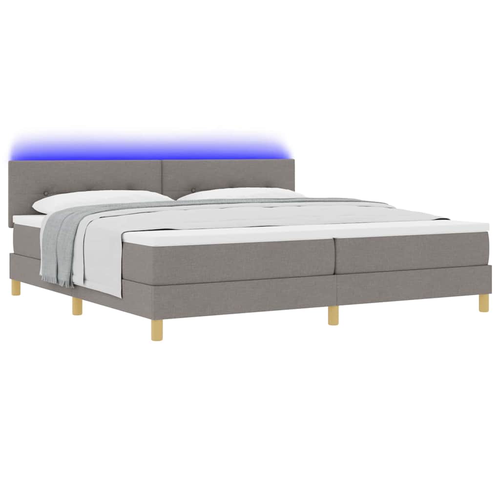 LED Box Spring Bed med pude Gråbrun 200 x 200 cm Stof