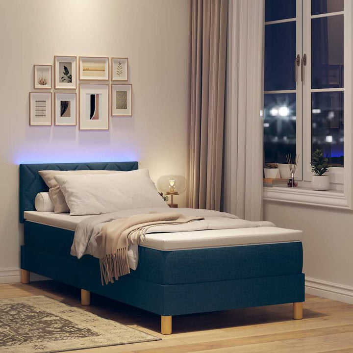 LED Box Spring Bed med pude med hovedgærde Blå 90 x 190 cm Stof