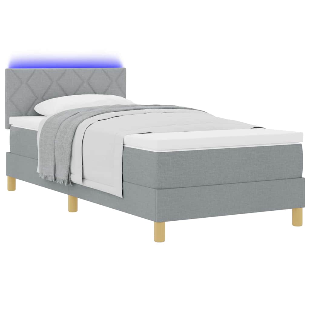 LED Box Spring Bed med LED-lysstrimler Lysegrå 90 x 200 cm Stof