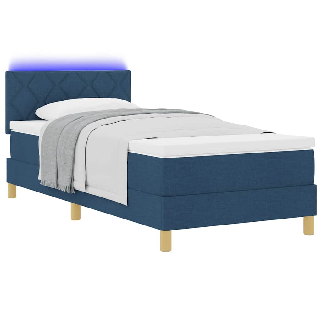 LED Box Spring Bed med LED-lysstrimler Blå 100 x 200 cm Stof