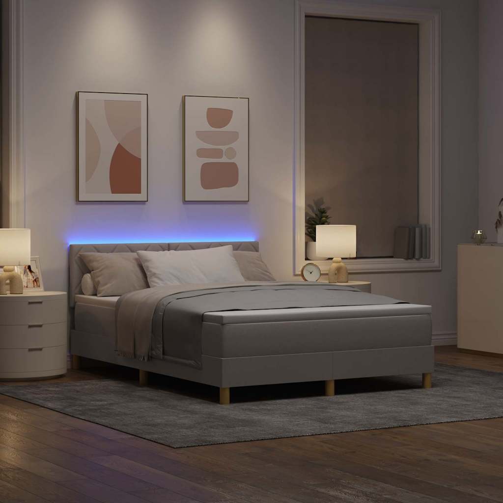 LED Box Spring Bed med hovedgærde Gråbrun 140 x 190 cm Stof