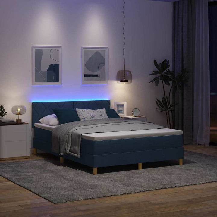 LED Box Spring Bed med LED-lysstrimler Blå 140 x 200 cm Stof
