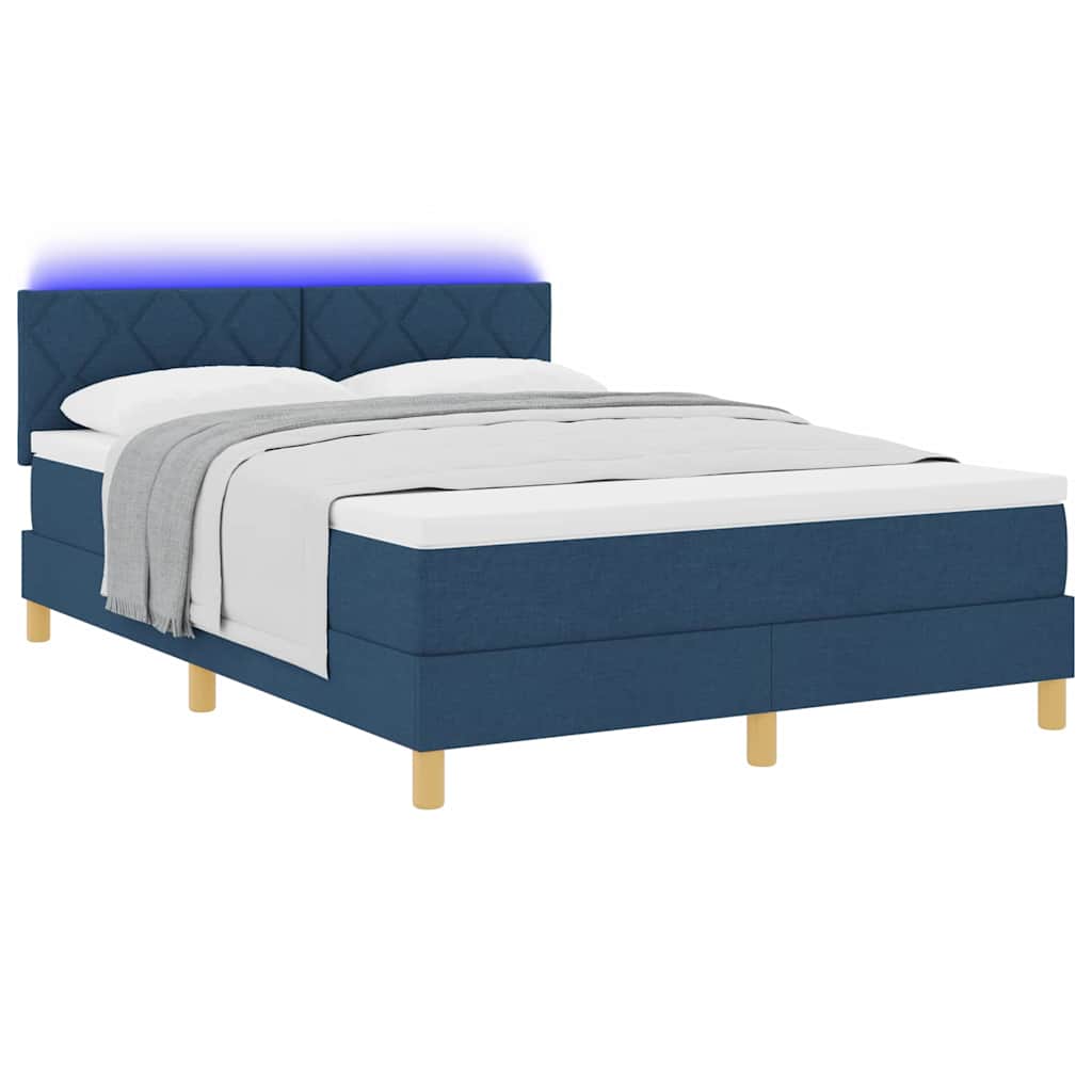LED Box Spring Bed med LED-lysstrimler Blå 140 x 200 cm Stof