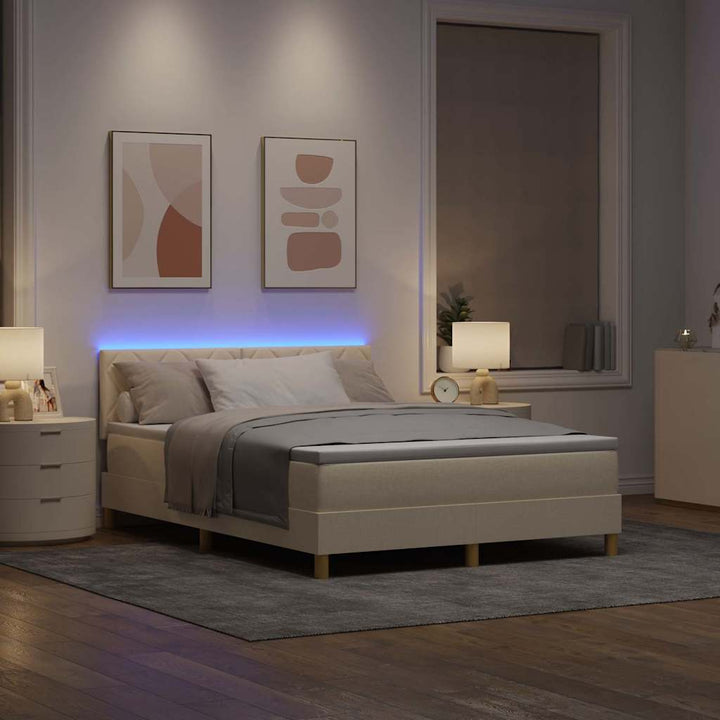 LED Box Spring Bed med LED-lysstrimler Creme 160 x 200 cm Stof