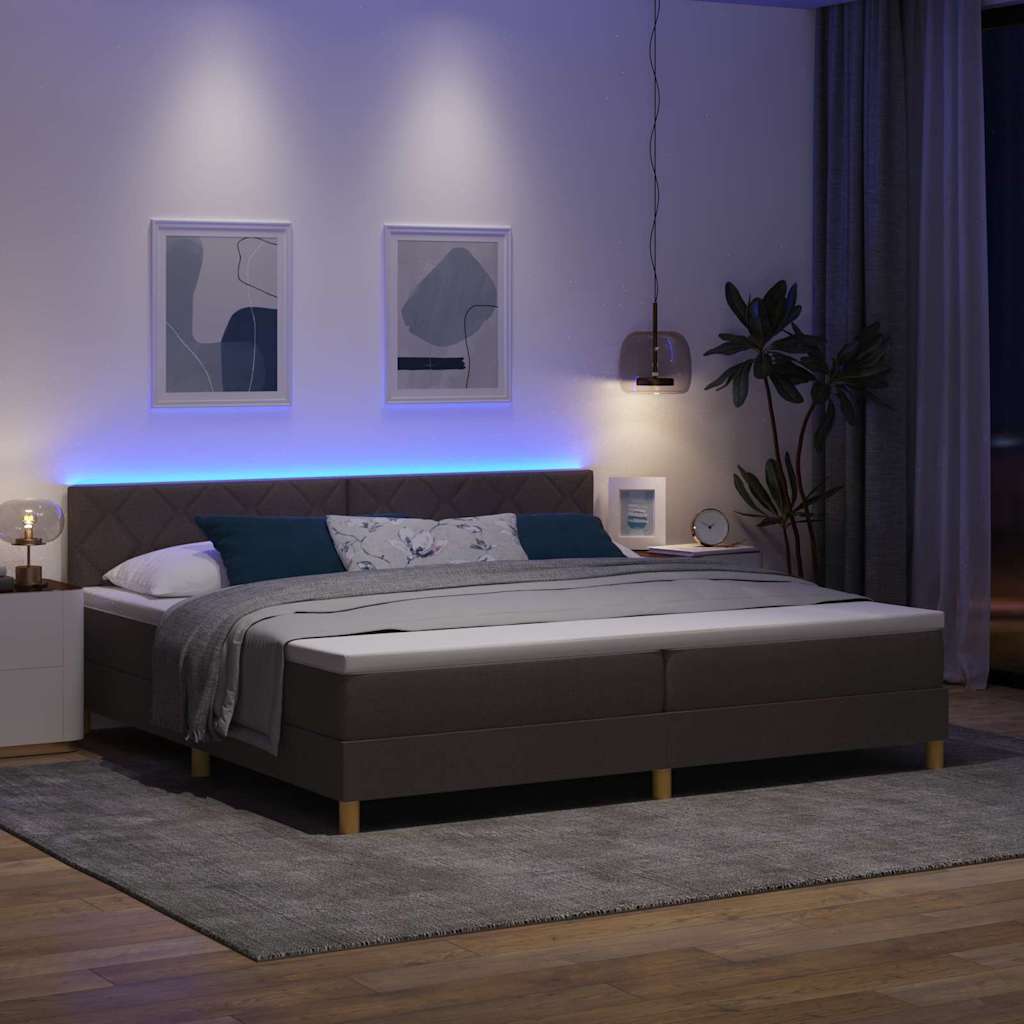 LED Box Spring Bed med hovedgærde Mørk Brun 200 x 200 cm Stof