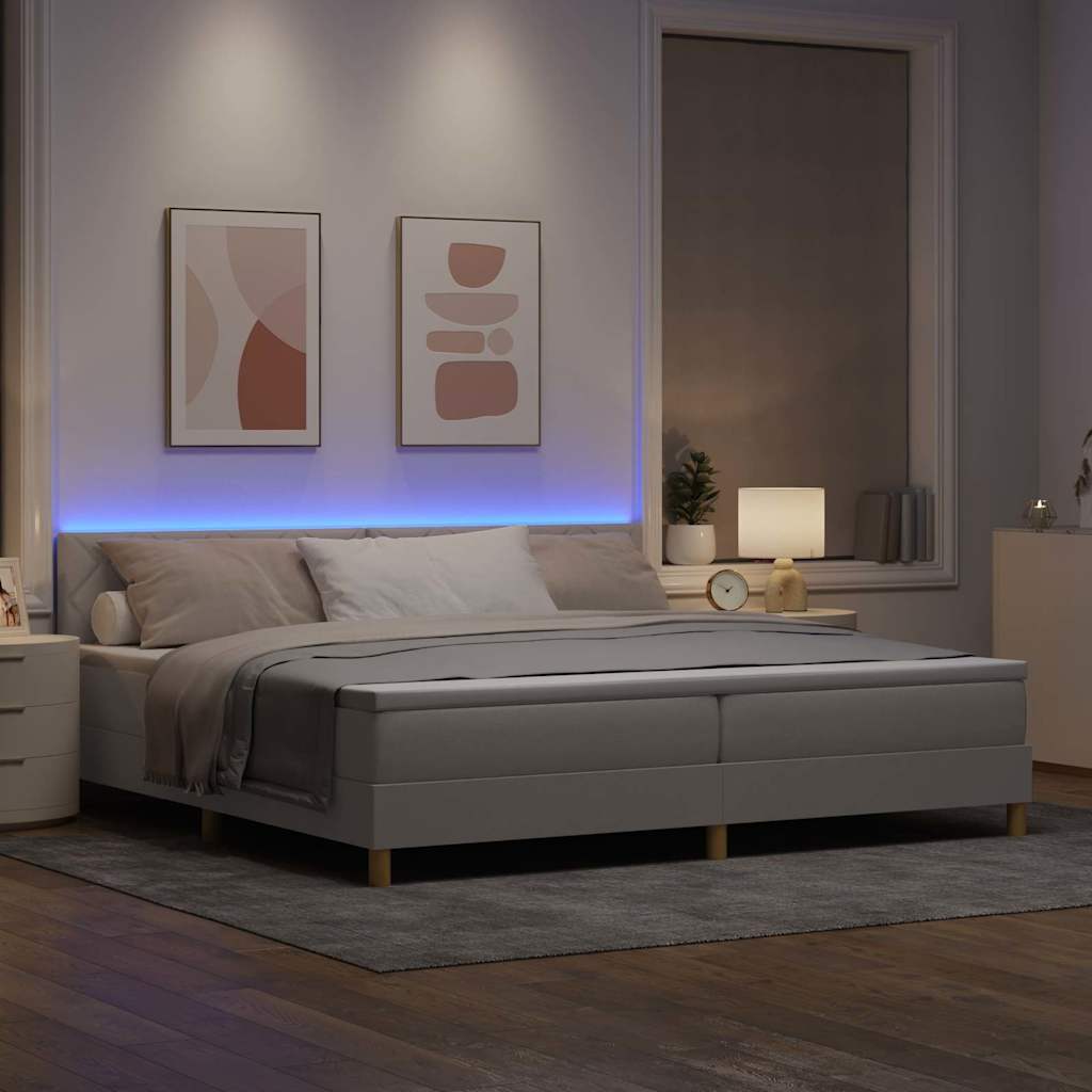 LED Box Spring Bed med hovedgærde Gråbrun 200 x 200 cm Stof