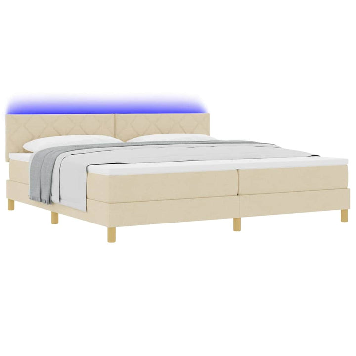 LED Box Spring Bed med LED-lysstrimler Creme 200 x 200 cm Stof
