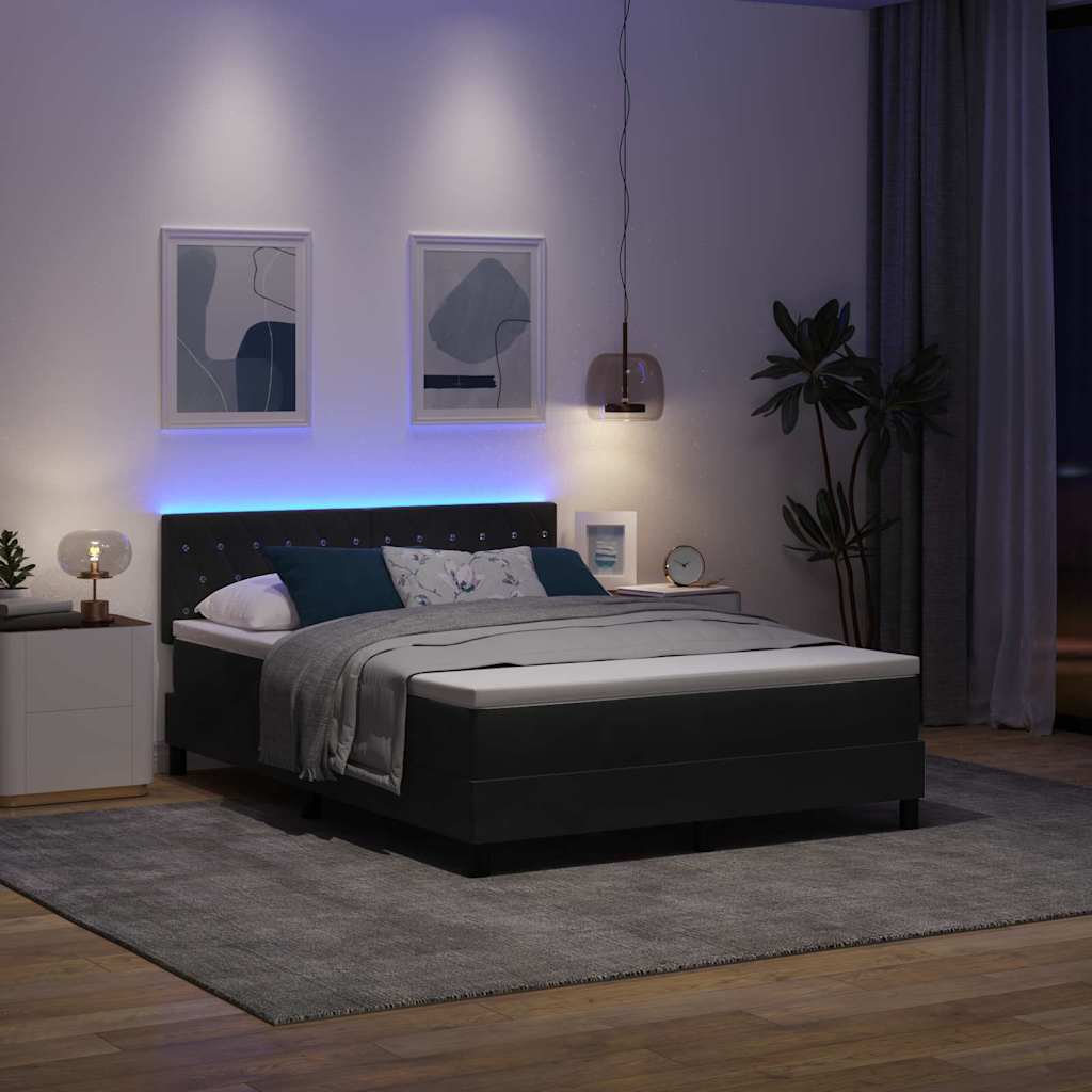 LED Box Spring Bed med madras med LED Sort 140 x 190 cm Fløjl