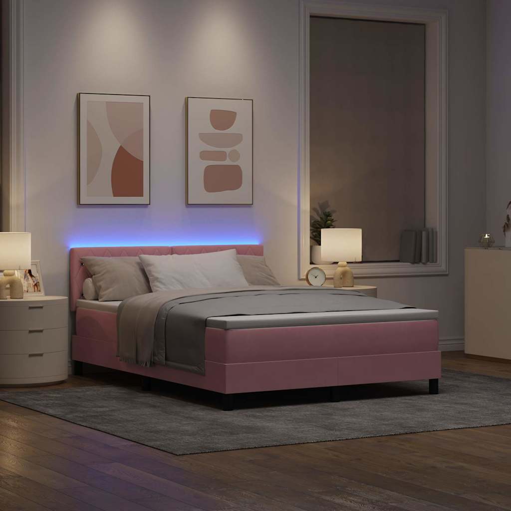 LED Box Spring Bed med madras Lyserød 140 x 190 cm Fløjl