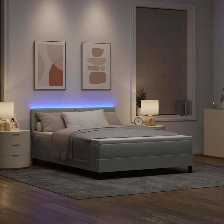 LED Box Spring Bed med madras Lysegrå 160 x 200 cm Fløjl