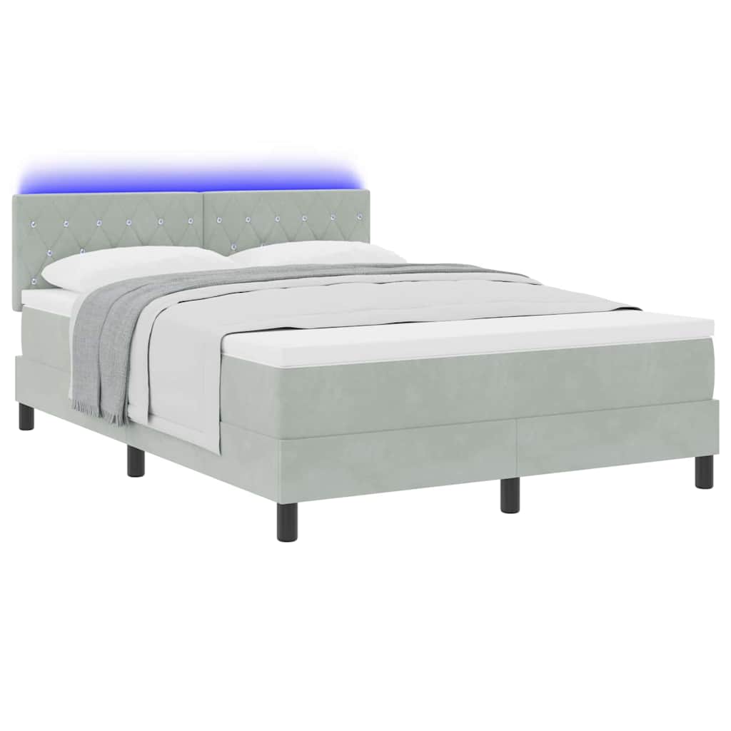 LED Box Spring Bed med madras Lysegrå 160 x 200 cm Fløjl