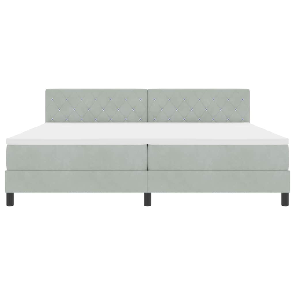 LED Box Spring Bed med madras Lysegrå 200 x 200 cm Fløjl