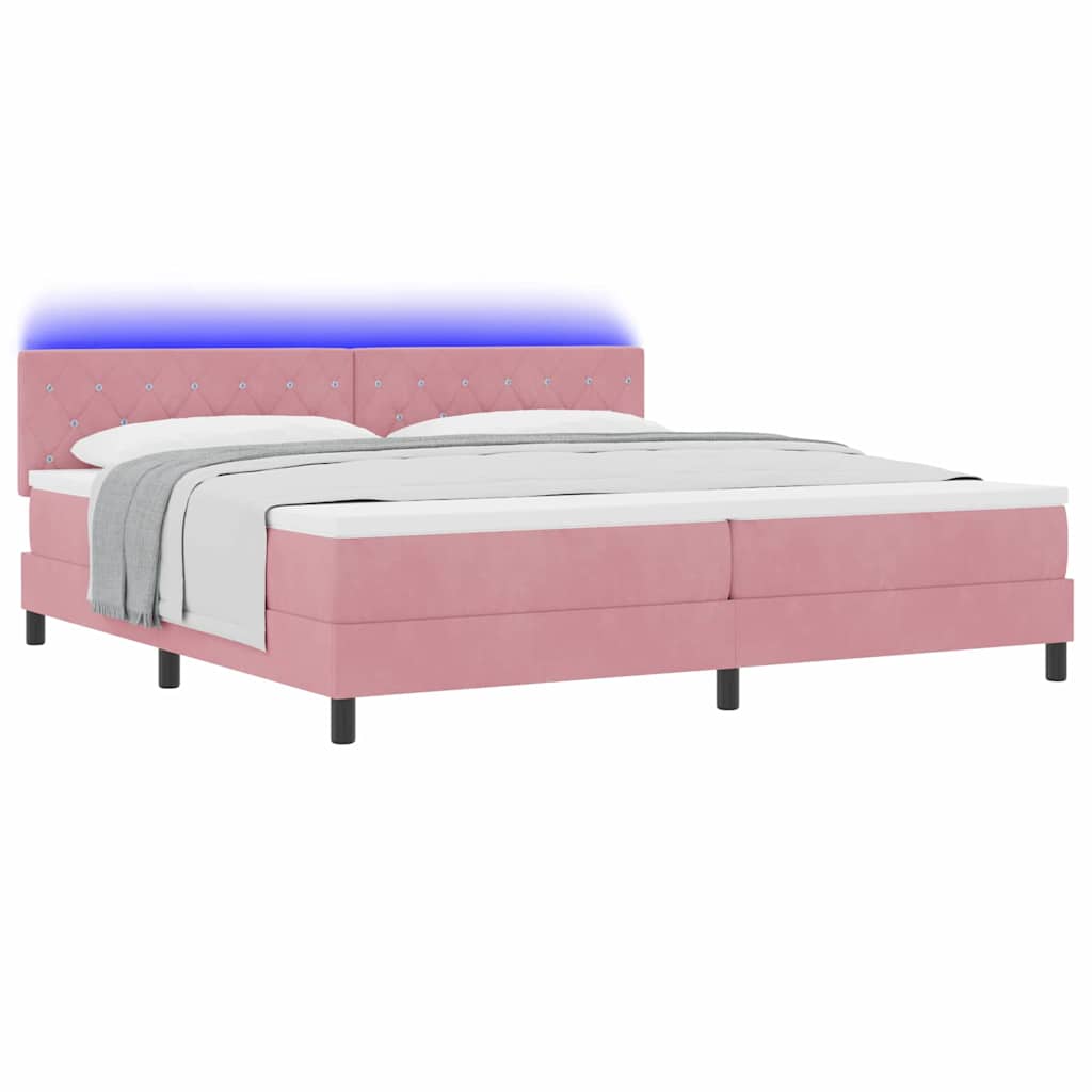 LED Box Spring Bed med madras Lyserød 200 x 200 cm Fløjl