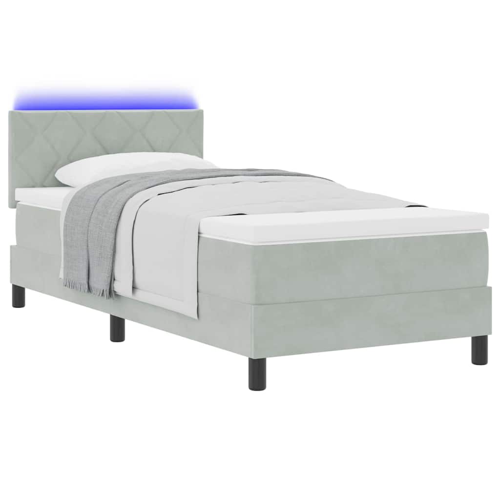 LED Box Spring Bed med hovedgærde Lysegrå 90 x 190 cm Fløjl