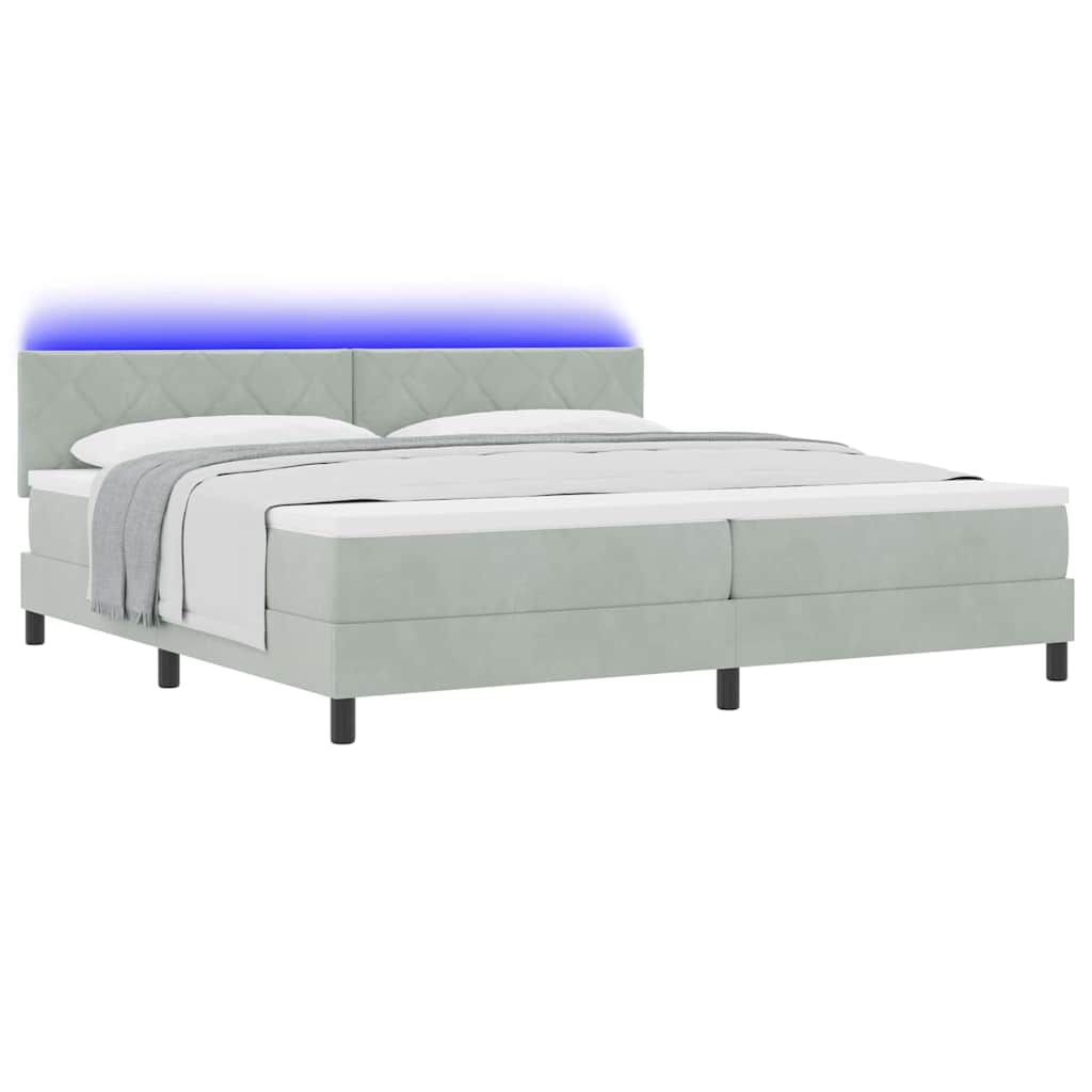 LED Box Spring Bed med hovedgærde Lysegrå 200 x 200 cm Fløjl