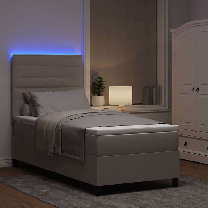 Box spring seng med LED-lysstrimler Gråbrun 90 x 190 cm Stof