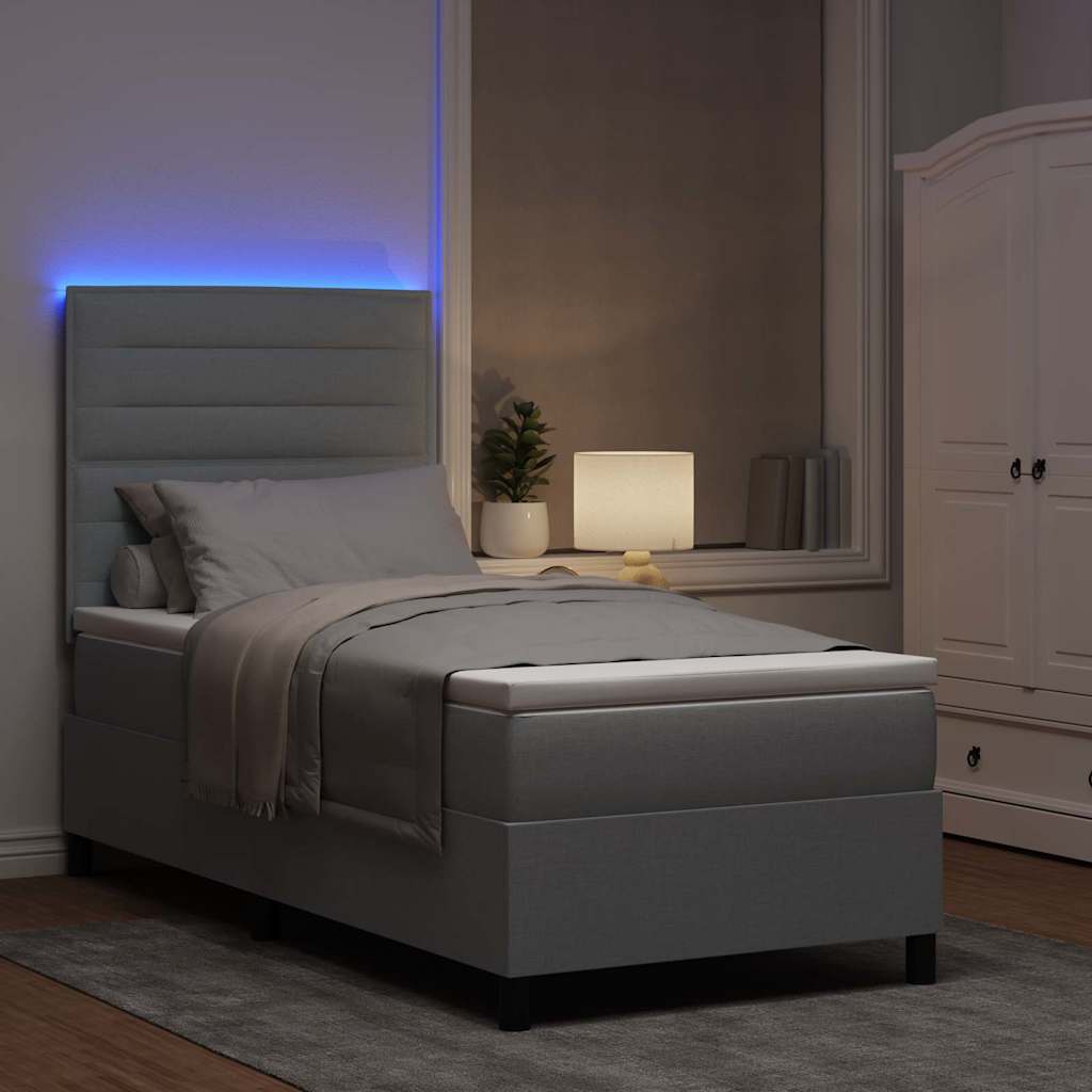 Box spring seng med madras med LED Lysegrå 90 x 200 cm Stof