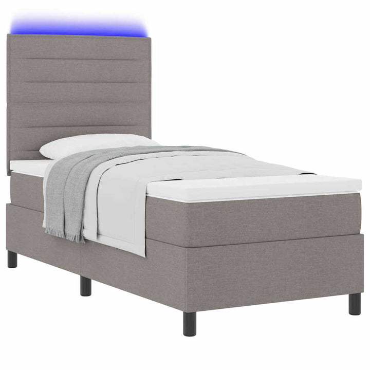 Box spring seng med LED-lysstrimler Gråbrun 90 x 200 cm Stof