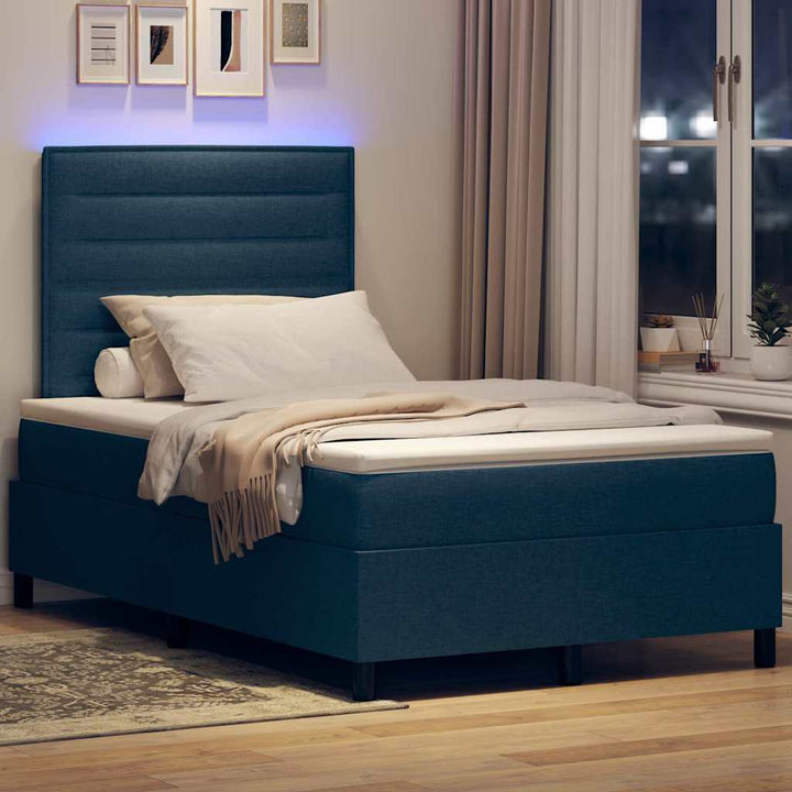 Box spring seng med LED-lysstrimler Blå 120 x 190 cm Stof