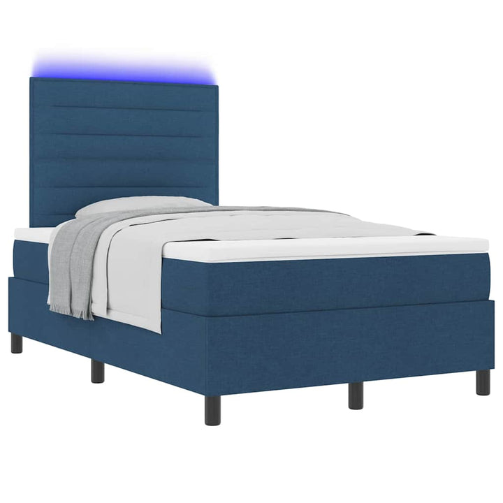 Box spring seng med LED-lysstrimler Blå 120 x 190 cm Stof