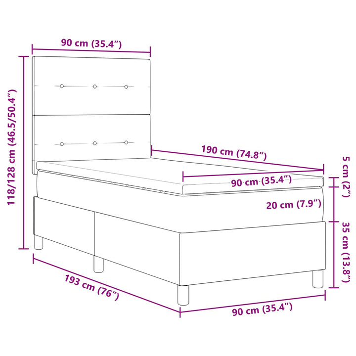 Box spring seng med LED-lysstrimler Mørkegrå 90 x 190 cm Stof