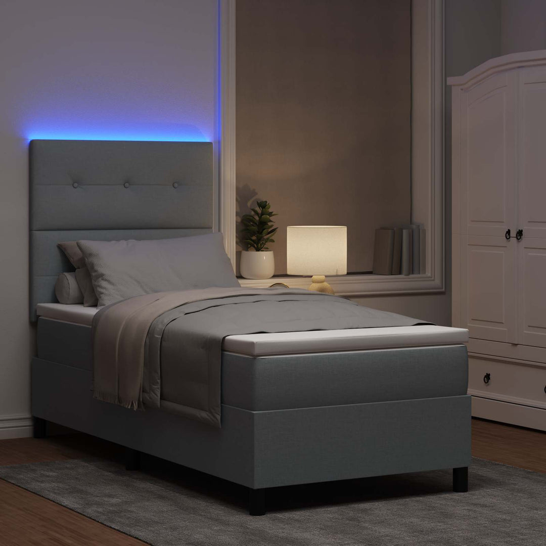 Box spring seng med madras med LED Lysegrå 90 x 200 cm Stof