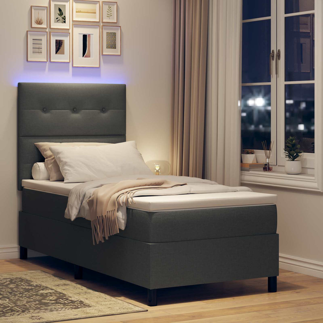 Box spring seng med LED-lysstrimler Mørkegrå 90 x 200 cm Stof