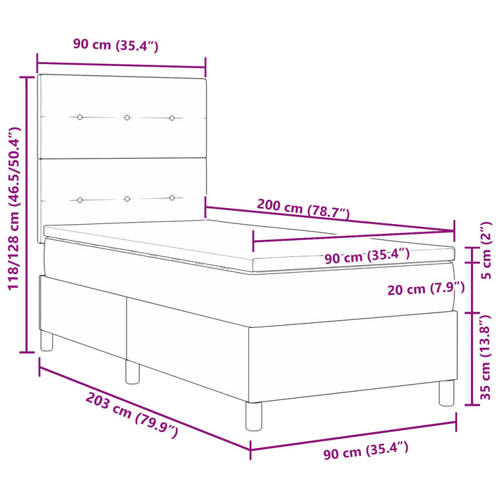 Box spring seng med LED-lysstrimler Mørkegrå 90 x 200 cm Stof